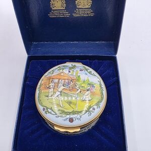 Vintage Halcyon Days Enamel Trinket Box Lawn Tennis w/Original Box